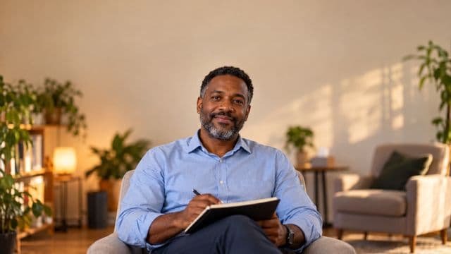 Psicólogo sorrindo, com camisa social azul, sem gravata, segurando um caderno de anotações, em um consultório de psicologia aconchegante com poltronas e plantas