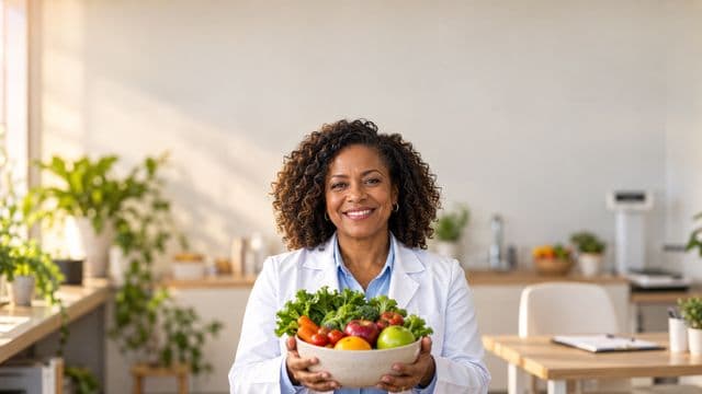 Nutricionista sorrindo, com jaleco branco sobre camisa azul-clara, segurando uma tigela de frutas e legumes frescos, em um consultório de nutrição claro com bancada e balança