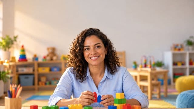 Psicopedagoga sorrindo, com camisa azul-clara, segurando blocos de montar coloridos, em uma sala de atendimento infantil colorida e organizada, com brinquedos pedagógicos