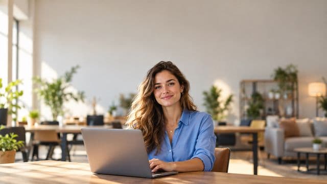 Empreendedora sorrindo, com camisa social azul com as mangas dobradas, segurando um notebook, em um espaço de coworking moderno e iluminado