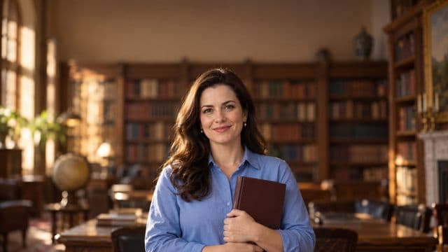 Teóloga sorrindo, com camisa social azul, segurando um livro de capa lisa, em uma biblioteca antiga com estantes de madeira