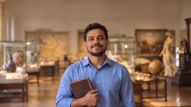Professor de história sorrindo, com camisa social azul, segurando um livro antigo de capa lisa, em um museu histórico com vitrines desfocadas
