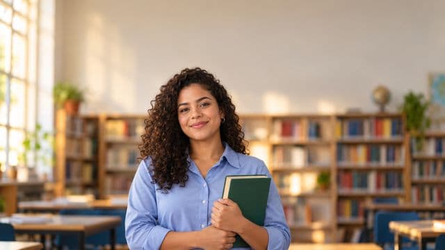 Professora de língua portuguesa sorrindo, com camisa social azul, segurando um livro de capa lisa, em uma biblioteca escolar com estantes