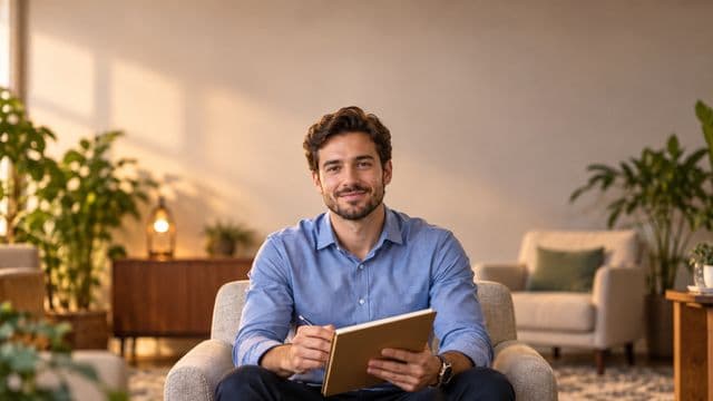 Psicólogo sorrindo, com camisa social azul, sem gravata, segurando um caderno de anotações, em um consultório de psicologia aconchegante com poltronas e plantas