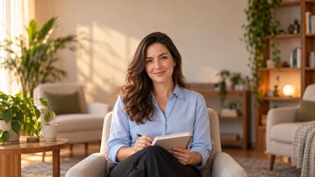 Psicóloga sorrindo, com camisa social azul, sem gravata, segurando um caderno de anotações, em um consultório de psicologia aconchegante com poltronas e plantas