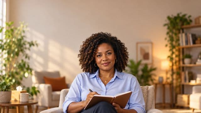 Psicóloga sorrindo, com camisa social azul, sem gravata, segurando um caderno de anotações, em um consultório de psicologia aconchegante com poltronas e plantas