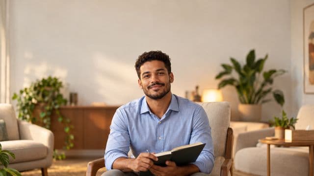 Psicólogo sorrindo, com camisa social azul, sem gravata, segurando um caderno de anotações, em um consultório de psicologia aconchegante com poltronas e plantas