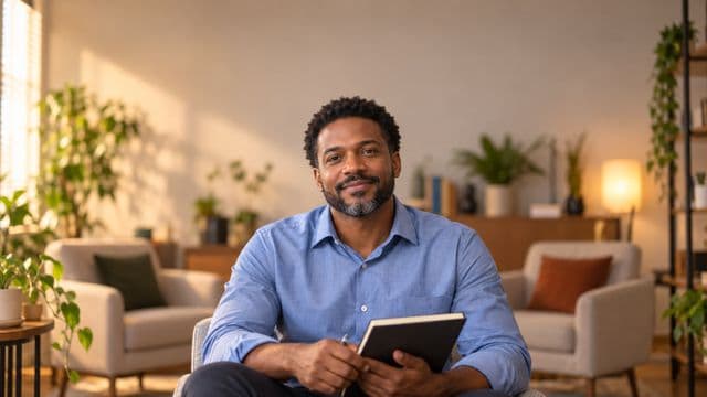 Psicólogo sorrindo, com camisa social azul, sem gravata, segurando um caderno de anotações, em um consultório de psicologia aconchegante com poltronas e plantas