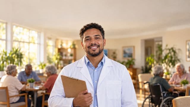 Profissional de gerontologia sorrindo, com jaleco branco sobre camisa azul-clara, segurando uma prancheta, em um centro de convivência para idosos, claro e acolhedor