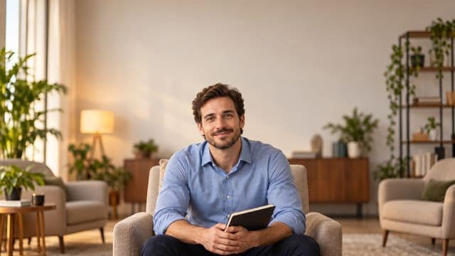 Psicólogo sorrindo, com camisa social azul, sem gravata, segurando um caderno de anotações, em um consultório de psicologia aconchegante com poltronas e plantas