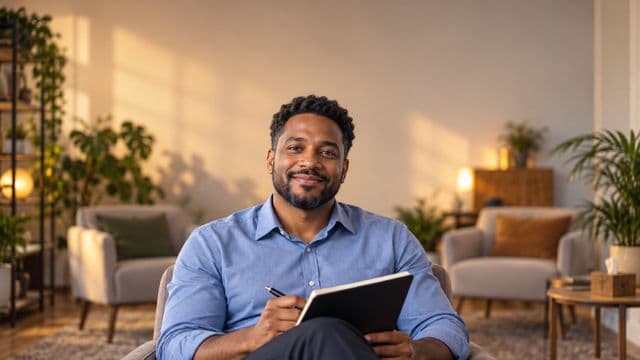 Psicólogo sorrindo, com camisa social azul, sem gravata, segurando um caderno de anotações, em um consultório de psicologia aconchegante com poltronas e plantas