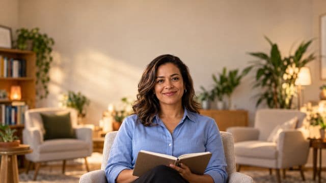 Psicóloga sorrindo, com camisa social azul, sem gravata, segurando um caderno de anotações, em um consultório de psicologia aconchegante com poltronas e plantas