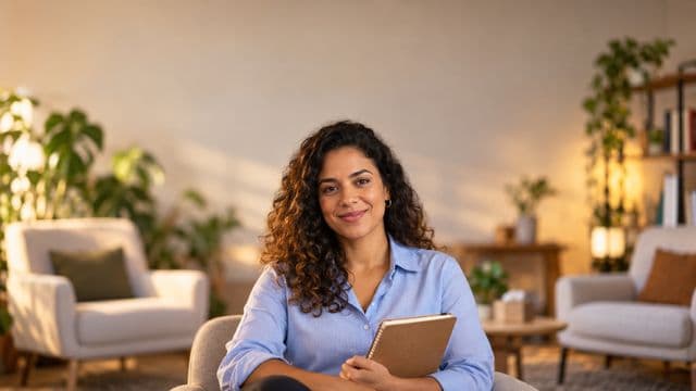 Psicóloga sorrindo, com camisa social azul, sem gravata, segurando um caderno de anotações, em um consultório de psicologia aconchegante com poltronas e plantas