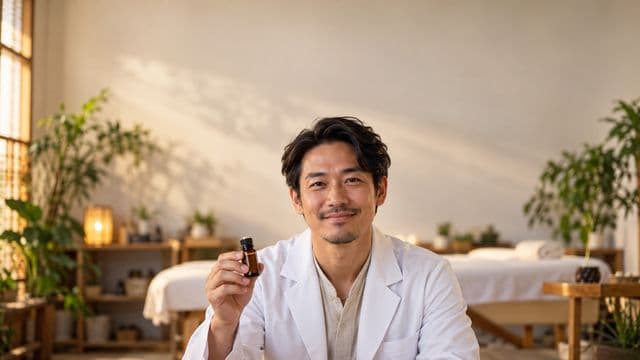 Terapeuta integrativo sorrindo, com jaleco branco, segurando um frasco de óleo essencial, em uma sala de terapia serena com maca e plantas