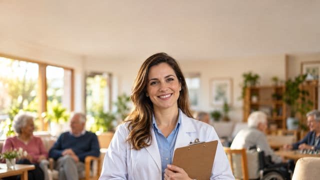 Profissional de gerontologia sorrindo, com jaleco branco sobre camisa azul-clara, segurando uma prancheta, em um centro de convivência para idosos, claro e acolhedor