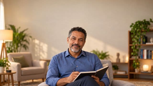 Psicólogo sorrindo, com camisa social azul, sem gravata, segurando um caderno de anotações, em um consultório de psicologia aconchegante com poltronas e plantas