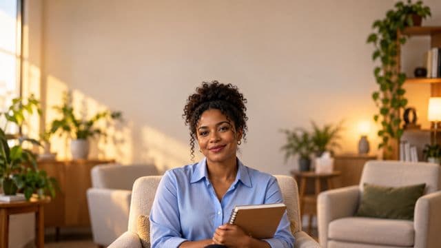 Psicóloga sorrindo, com camisa social azul, sem gravata, segurando um caderno de anotações, em um consultório de psicologia aconchegante com poltronas e plantas