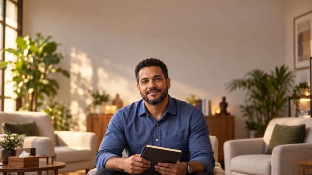 Psicólogo sorrindo, com camisa social azul, sem gravata, segurando um caderno de anotações, em um consultório de psicologia aconchegante com poltronas e plantas