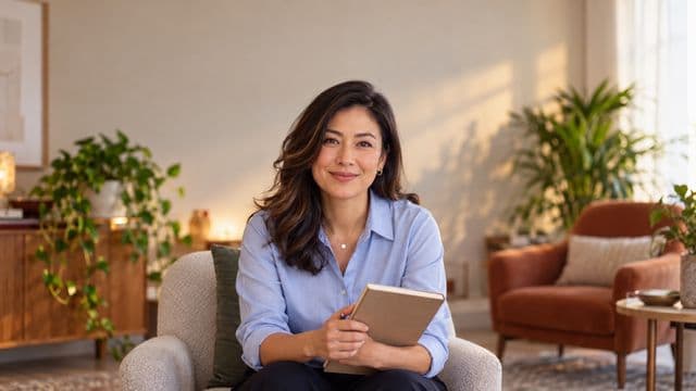 Psicóloga sorrindo, com camisa social azul, sem gravata, segurando um caderno de anotações, em um consultório de psicologia aconchegante com poltronas e plantas