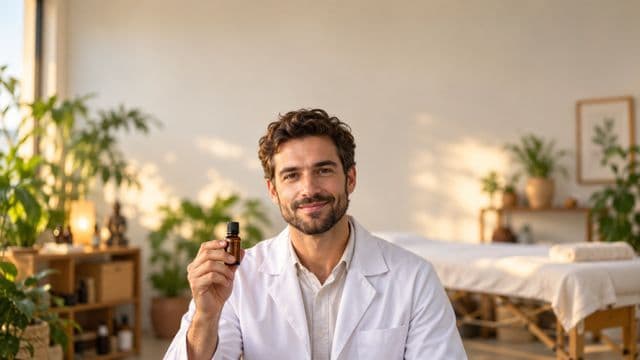 Terapeuta integrativo sorrindo, com jaleco branco, segurando um frasco de óleo essencial, em uma sala de terapia serena com maca e plantas