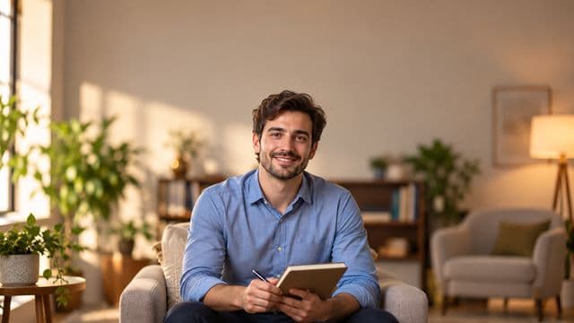 Psicólogo sorrindo, com camisa social azul, sem gravata, segurando um caderno de anotações, em um consultório de psicologia aconchegante com poltronas e plantas