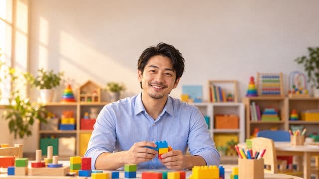Psicopedagogo sorrindo, com camisa azul-clara, segurando blocos de montar coloridos, em uma sala de atendimento infantil colorida e organizada, com brinquedos pedagógicos