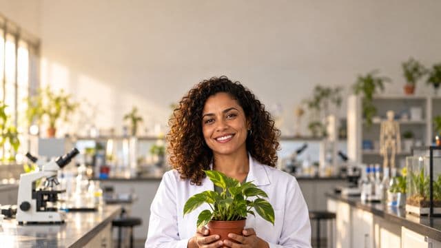 Professora de biologia sorrindo, com jaleco branco, segurando uma planta em um vaso pequeno, em um laboratório de biologia com microscópios