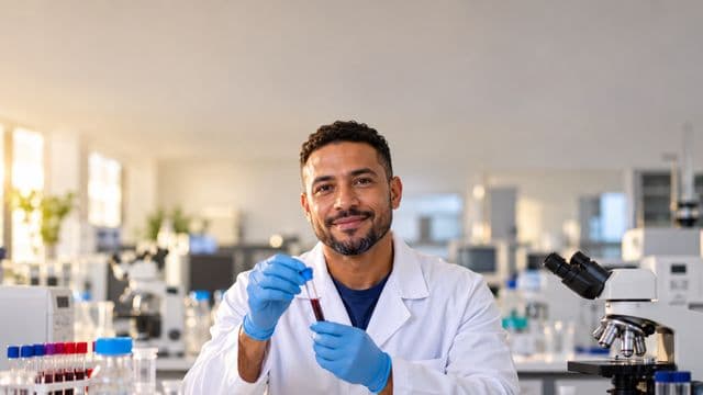 Biomédico sorrindo, com jaleco branco e luvas azuis, segurando um tubo de ensaio, em um laboratório de análises clínicas com microscópios e bancadas