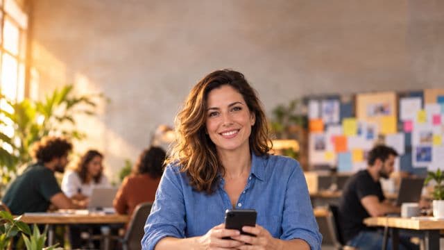 Profissional de marketing sorrindo, com camisa casual azul, segurando um smartphone, em uma agência criativa moderna com equipe desfocada e quadros de ideias