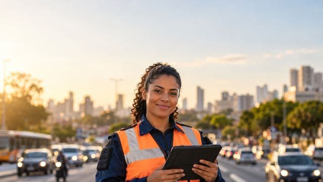 Agente de trânsito sorrindo, com colete refletivo laranja sobre uniforme azul, segurando um tablet, em uma avenida urbana movimentada