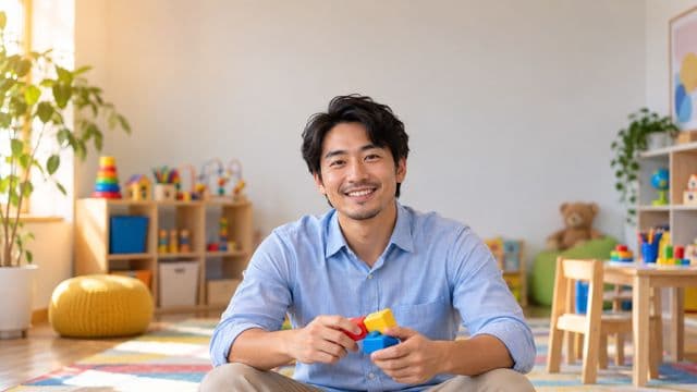 Psicopedagogo sorrindo, com camisa azul-clara, segurando blocos de montar coloridos, em uma sala de atendimento infantil colorida e organizada, com brinquedos pedagógicos
