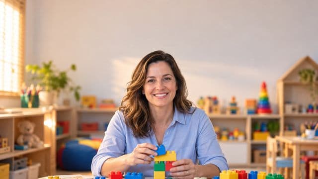 Psicopedagoga sorrindo, com camisa azul-clara, segurando blocos de montar coloridos, em uma sala de atendimento infantil colorida e organizada, com brinquedos pedagógicos
