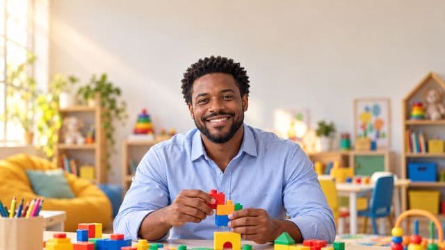 Psicopedagogo sorrindo, com camisa azul-clara, segurando blocos de montar coloridos, em uma sala de atendimento infantil colorida e organizada, com brinquedos pedagógicos