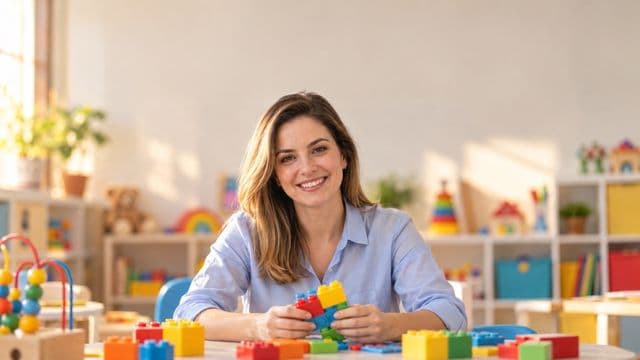 Psicopedagoga sorrindo, com camisa azul-clara, segurando blocos de montar coloridos, em uma sala de atendimento infantil colorida e organizada, com brinquedos pedagógicos