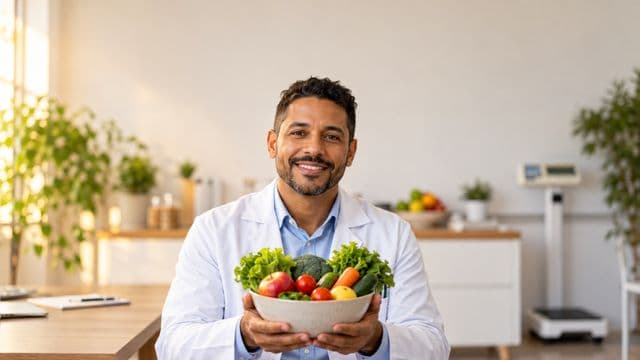 Nutricionista sorrindo, com jaleco branco sobre camisa azul-clara, segurando uma tigela de frutas e legumes frescos, em um consultório de nutrição claro com bancada e balança
