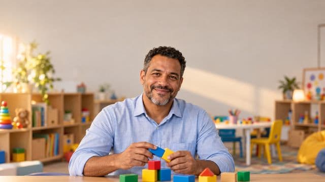 Psicopedagogo sorrindo, com camisa azul-clara, segurando blocos de montar coloridos, em uma sala de atendimento infantil colorida e organizada, com brinquedos pedagógicos