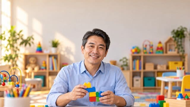 Psicopedagogo sorrindo, com camisa azul-clara, segurando blocos de montar coloridos, em uma sala de atendimento infantil colorida e organizada, com brinquedos pedagógicos