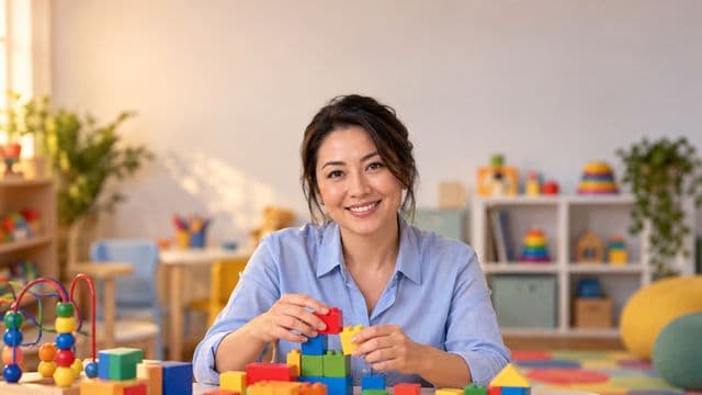Psicopedagoga sorrindo, com camisa azul-clara, segurando blocos de montar coloridos, em uma sala de atendimento infantil colorida e organizada, com brinquedos pedagógicos