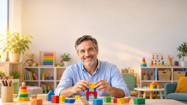 Psicopedagogo sorrindo, com camisa azul-clara, segurando blocos de montar coloridos, em uma sala de atendimento infantil colorida e organizada, com brinquedos pedagógicos