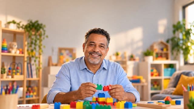 Psicopedagogo sorrindo, com camisa azul-clara, segurando blocos de montar coloridos, em uma sala de atendimento infantil colorida e organizada, com brinquedos pedagógicos