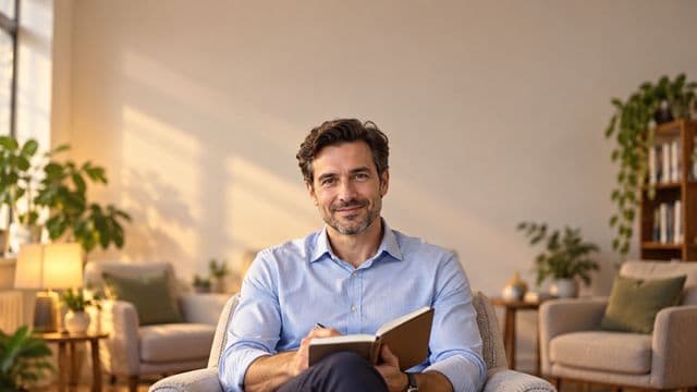 Psicólogo sorrindo, com camisa social azul, sem gravata, segurando um caderno de anotações, em um consultório de psicologia aconchegante com poltronas e plantas