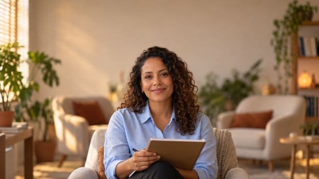 Psicóloga sorrindo, com camisa social azul, sem gravata, segurando um caderno de anotações, em um consultório de psicologia aconchegante com poltronas e plantas