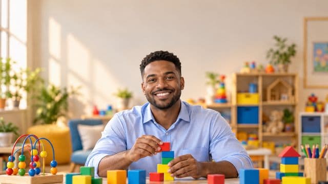 Psicopedagogo sorrindo, com camisa azul-clara, segurando blocos de montar coloridos, em uma sala de atendimento infantil colorida e organizada, com brinquedos pedagógicos