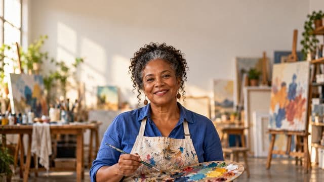 Arte-educadora sorrindo, com avental de ateliê sobre camisa azul, segurando um pincel e uma paleta de cores, em um ateliê de artes claro com telas e cavaletes
