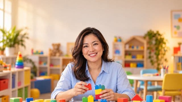 Psicopedagoga sorrindo, com camisa azul-clara, segurando blocos de montar coloridos, em uma sala de atendimento infantil colorida e organizada, com brinquedos pedagógicos