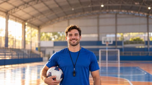 Profissional de educação física sorrindo, com camiseta esportiva azul e apito no pescoço, segurando uma bola, em uma quadra poliesportiva coberta e bem iluminada