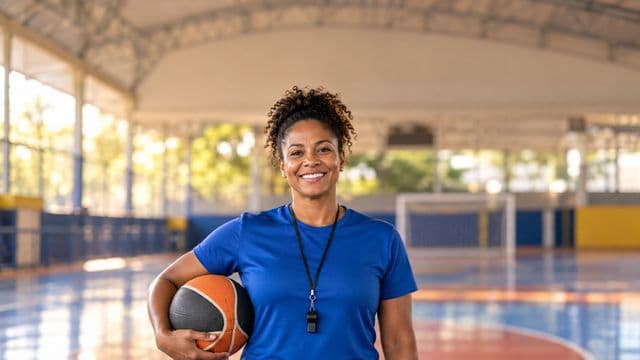 Profissional de educação física sorrindo, com camiseta esportiva azul e apito no pescoço, segurando uma bola, em uma quadra poliesportiva coberta e bem iluminada