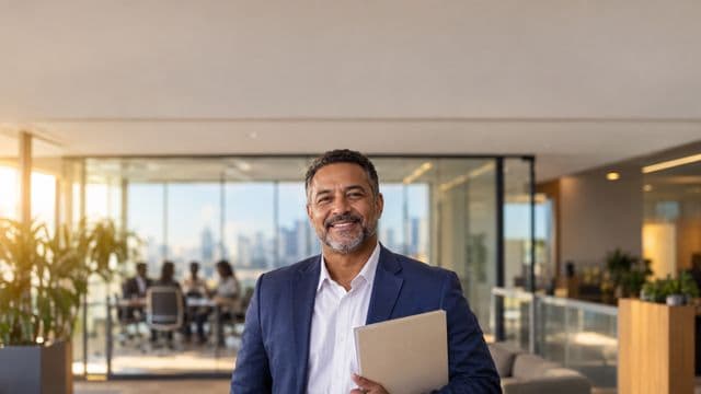 Profissional de recursos humanos sorrindo, com blazer azul sobre camisa branca, segurando uma pasta de documentos, em um escritório moderno com uma sala de reunião envidraçada