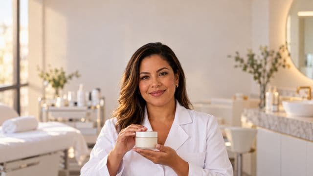 Profissional de estética sorrindo, com jaleco branco, segurando um frasco de cosmético sem rótulo, em uma clínica de estética clara e sofisticada
