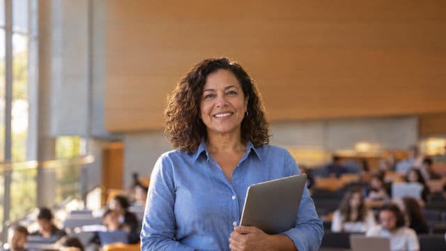 Professora universitária sorrindo, com camisa social azul, segurando um notebook, em um auditório universitário moderno